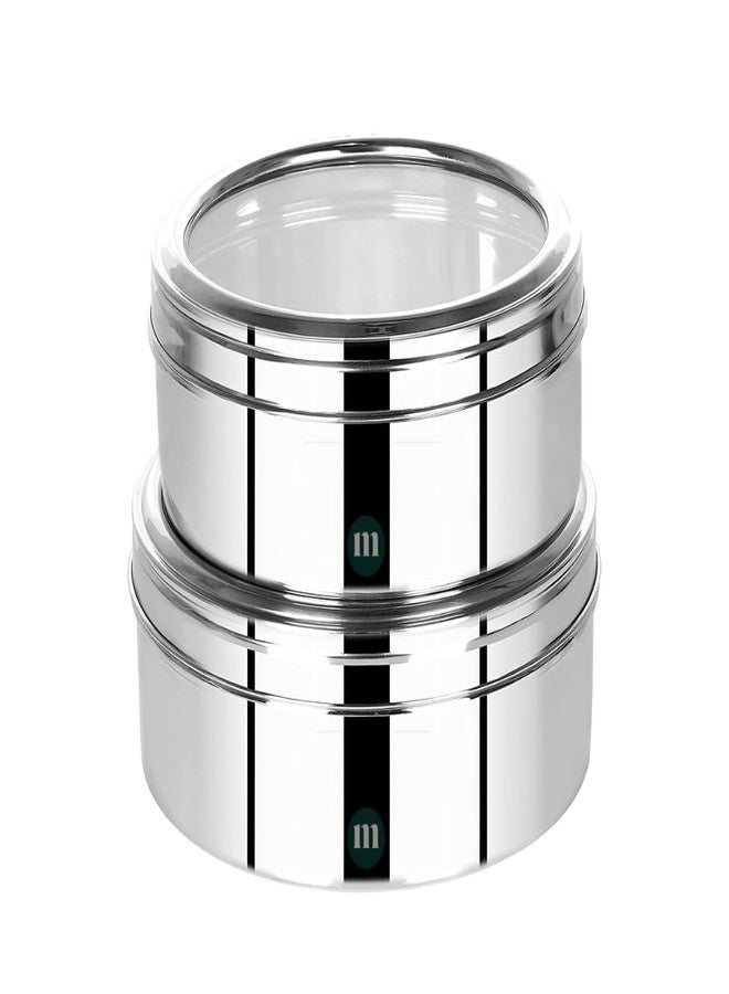 مارو مجموعة علب تخزين دائرية من الفولاذ المقاوم للصدأ من مارو، قطعتان (1.6 لتر، 2.2 لتر)، قابلة للتكديس ومتينة، مزودة بأغطية شفافة، علبة متعددة الاستخدامات لحفظ الشاباتي والبوري، لون فضي. - Image 1